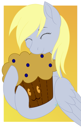 Size: 817x1274 | Tagged: safe, artist:beadedwolf22, derpy hooves, pony, unicorn, g4, border, eyes closed, female, food, hug, mare, muffin, passepartout, plushie, simple background, solo, that pony sure does love muffins, yellow background