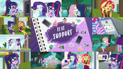 Size: 1280x722 | Tagged: safe, edit, edited screencap, editor:quoterific, screencap, fluttershy, rarity, sci-twi, sunset shimmer, timber spruce, twilight sparkle, human, equestria girls, g4, my little pony equestria girls: better together, text support, text support: fluttershy, text support: rarity, text support: sunset shimmer, bowtie, canterlot high, cellphone, clothes, crossed arms, cutie mark, cutie mark on clothes, duo, duo female, eyes closed, female, forest, geode of empathy, geode of fauna, geode of shielding, geode of telekinesis, glasses, hand on mouth, high heels, hug, lip bite, magical geodes, message, mug, open mouth, phone, ponytail, rarity peplum dress, shoes, smartphone, statue, teeth, thumbs up, tree, trio, trio female