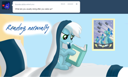 Size: 1280x770 | Tagged: safe, artist:ask-fleetfoot, fleetfoot, pegasus, pony, g4, alternate hairstyle, ask-fleetfoot, blanket, blue coat, blue mane, blue tail, book, female, green eyes, mare, poster, show accurate, solo, tail, two toned mane, white mane, white tail, wings