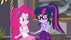 Size: 1280x720 | Tagged: safe, screencap, pinkie pie, sci-twi, twilight sparkle, equestria girls, g4, my little pony equestria girls: better together, school of rock, bowtie, clothes, cutie mark, cutie mark on clothes, eyes closed, geode of sugar bombs, geode of telekinesis, glasses, jewelry, magical geodes, necklace, ponytail, tank top