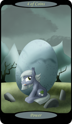 Size: 1500x2591 | Tagged: safe, artist:sixes&sevens, part of a set, limestone pie, earth pony, pony, g4, cloud, dead tree, female, four of coins, holder's boulder, minor arcana, mountain, mountain range, overcast, rock farm, sitting, solo, tarot card, tree