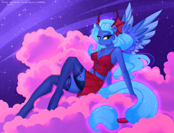 Size: 4000x3054 | Tagged: source needed, safe, artist:xjenn9, idw, princess luna, anthro, unguligrade anthro, g4, reflections, spoiler:comic, breasts, busty princess luna, cleavage, clothes, cloud, commission, evil counterpart, evil luna, female, mirror universe, on a cloud, sitting, sitting on a cloud, skirt, socks, solo, thigh highs, two toned wings, wings