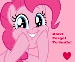 Size: 1360x1128 | Tagged: safe, derpibooru exclusive, edit, edited screencap, editor:twilyisbestpone, screencap, pinkie pie, earth pony, pony, g4, cute, diapinkes, female, happy, heart, hooves on cheeks, looking at you, mare, pink background, positive ponies, simple background, smiling, solo, talking to viewer
