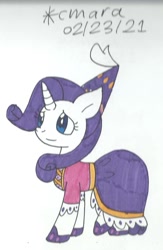 Size: 749x1148 | Tagged: safe, artist:cmara, rarity, pony, unicorn, g4, clothes, dress, female, hat, hoof shoes, mare, simple background, skirt, solo, traditional art, white background