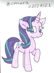 Size: 744x1004 | Tagged: safe, artist:cmara, starlight glimmer, pony, unicorn, g4, female, mare, raised hoof, simple background, solo, traditional art, white background