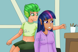 Size: 2500x1666 | Tagged: safe, artist:spokenmind93, spike, twilight sparkle, human, g4, secret of my excess, dark skin, doctor's office, elf ears, grabbing, greedy, humanized, older, older spike, scene interpretation, simple background, tight clothing