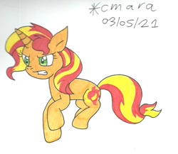 Size: 1181x1025 | Tagged: safe, artist:cmara, sunset shimmer, pony, unicorn, g4, angry, gritted teeth, raised hoof, raised leg, simple background, solo, traditional art, trotting, white background
