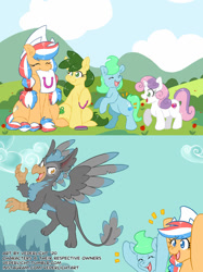 Size: 1024x1366 | Tagged: safe, artist:genolover, sweetie belle, oc, oc:ember, oc:ember (hwcon), oc:glace (hwcon), hearth's warming con, g4, black gryph0n, mascot