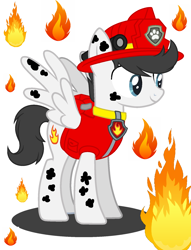 Size: 1412x1844 | Tagged: safe, artist:machakar52, pegasus, pony, clothes, colt, crossover, fire, firefighter, firefighter helmet, helmet, male, marshall (paw patrol), nick jr., nickelodeon, paw patrol, ponified, simple background, solo, white background