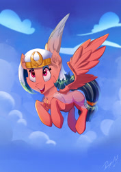 Size: 2480x3508 | Tagged: safe, artist:tony-retro, somnambula, pegasus, pony, g4, cheek fluff, chest fluff, cloud, ear fluff, female, flying, high res, mare, open mouth, sky, solo, spread wings, wings