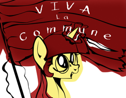 Size: 1275x992 | Tagged: safe, artist:aaronmk, oc, oc only, oc:lefty pony, pony, unicorn, communism, female, flag, freckles, glasses, magic, mare, paris commune, simple background, solo, text, white background
