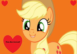 Size: 1360x950 | Tagged: safe, derpibooru exclusive, edit, edited screencap, editor:twilyisbestpone, screencap, applejack, earth pony, pony, g4, cute, female, heart, jackabetes, love, mare, orange background, positive ponies, simple background, smiling, solo, talking to viewer