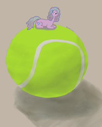 Size: 2592x3246 | Tagged: safe, artist:dimdariusz, izzy moonbow, pony, unicorn, g5, ball, digital art, female, funny, high res, izzy's tennis ball, lying, mare, role reversal, tennis ball