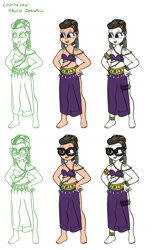 Size: 1600x2601 | Tagged: safe, artist:pony4koma, raven, human, equestria girls, g4, barefoot, belly dancer, belly dancer outfit, breasts, clothes, equestria girls-ified, feet, female, glasses, glasses off, hair bun, hand on hip, human coloration, humanized, jewelry, makeup, secretary, see-through, skirt, smiling, solo