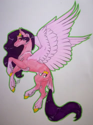 Size: 1920x2582 | Tagged: safe, artist:oneiria-fylakas, pipp petals, pegasus, pony, g5, alternate design, dewclaw, feathered fetlocks, large wings, red eyes, red-eyed pipp, skinny pipp, solo, tail feathers, traditional art, wings