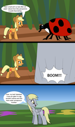 Size: 1422x2400 | Tagged: safe, artist:platinumdrop, applejack, derpy hooves, insect, ladybug, pony, g4, appletini, comic, crushing, giant derpy hooves, giant pony, macro, micro, request, speech bubble