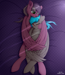 Size: 1400x1600 | Tagged: safe, artist:chura chu, oc, oc only, oc:pogrom, oc:skylark, pegasus, pony, bed, bedroom, blushing, duo, female, friend, hug, pose