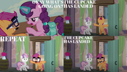 Size: 1280x720 | Tagged: safe, edit, edited screencap, editor:quoterific, screencap, scootaloo, sugar belle, sweetie belle, pegasus, pony, unicorn, g4, hard to say anything, bag, bipedal, disappointed, duo, duo female, eyes closed, female, filly, glasses, glowing horn, horn, magic, magic aura, mare, nose in the air, open mouth, pointing, saddle bag, teeth