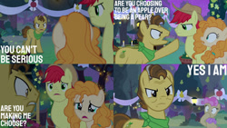 Size: 1280x720 | Tagged: safe, edit, edited screencap, editor:quoterific, screencap, bright mac, grand pear, mayor mare, pear butter, earth pony, pony, g4, the perfect pear, angry, bright mac's hat, candle, cowboy hat, crying, duo, female, hat, male, mare, night, non-dyed mayor, open mouth, pear tree, stallion, teeth, tree, trio