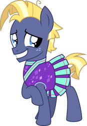 Size: 1773x2548 | Tagged: safe, artist:peternators, star tracker, earth pony, pony, g4, cheerleader, cheerleader outfit, clothes, cosplay, costume, crossdressing, crossplay, dress, grin, male, nervous, nervous smile, simple background, skirt, smiling, solo, starcrossed, teenager, transparent background, two toned mane