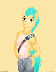 Size: 1100x1400 | Tagged: safe, artist:rockhoppr3, hitch trailblazer, earth pony, anthro, g5, chest fluff, clothes, jeans, pants, partial nudity, solo, topless