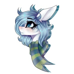 Size: 1080x1080 | Tagged: safe, artist:moshi.poni, oc, oc only, earth pony, pony, blushing, bust, clothes, earth pony oc, eyelashes, female, looking up, mare, scarf, simple background, solo, white background