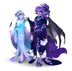 Size: 2647x2620 | Tagged: safe, artist:taiga-blackfield, oc, oc only, oc:amelia valkyria, oc:empyrea, bat pony, pegasus, anthro, bat pony oc, clothes, feather, high res, kimono (clothing), pegasus oc, simple background, transparent background, wings