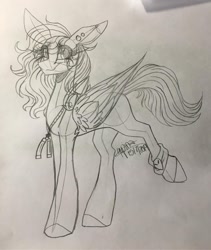 Size: 1080x1277 | Tagged: safe, artist:moshi.poni, oc, oc only, pegasus, pony, ear piercing, eyelashes, female, grayscale, jewelry, lineart, mare, monochrome, necklace, pegasus oc, piercing, signature, smiling, solo, traditional art, wings