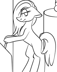 Size: 1080x1350 | Tagged: safe, artist:tessa_key_, oc, oc only, earth pony, pony, bipedal, earth pony oc, lineart, monochrome, simple background, solo, white background