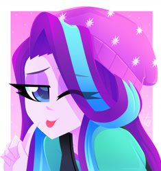 Size: 1500x1599 | Tagged: safe, artist:xan-gelx, starlight glimmer, equestria girls, g4, beanie, bust, cute, glimmerbetes, hat, lidded eyes, looking at you, one eye closed, pointing, smiling, solo, tongue out