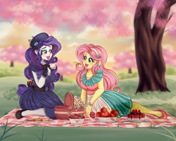 Size: 4500x3600 | Tagged: safe, artist:lucy-tan, fluttershy, rarity, equestria girls, alternate hairstyle, apple, basket, belt, beret, blanket, box, cake, clothes, commission, cup, cute, dress, ear piercing, earring, eyeshadow, female, flarity, flower, food, gloves, grass, hat, high heels, jewelry, lesbian, lipstick, makeup, marriage proposal, open mouth, picnic, picnic basket, picnic blanket, piercing, raribetes, shipping, shoes, shyabetes, skirt, strawberry, tea, teacup, tree