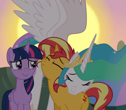 Size: 1024x893 | Tagged: safe, artist:emeraldblast63, princess celestia, sunset shimmer, twilight sparkle, alicorn, pony, unicorn, g4, bittersweet, crying, cute, ending to equestria girls, eyes closed, female, happy, heartwarming, reunion, series finale, shimmerbetes, snuggling, sunset, tears of joy, the end of equestria girls, trio, trio female, twilight sparkle (alicorn)