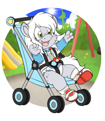 Size: 2480x2852 | Tagged: safe, artist:yookey, oc, oc only, oc:fossil fluster, earth pony, anthro, baby, commission, diaper, high res, pacifier, solo, stroller, ych result