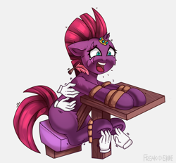 Size: 2400x2227 | Tagged: safe, artist:freak-side, fizzlepop berrytwist, tempest shadow, pony, unicorn, g4, blank flank, blank flank tempest, bondage, broken horn, commission, crying, emanata, eye scar, feather, female, fetish, frog (hoof), hand, high res, hoof fetish, hoof tickling, horn, horn ring, laughing, magic, magic hands, magic suppression, mare, open mouth, ring, rope, rope bondage, scar, simple background, sitting, solo, sweat, table, tears of laughter, teary eyes, tickle fetish, tickle torture, tickling, underhoof, white background, ych result