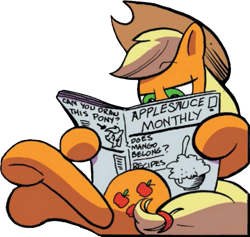 Size: 799x757 | Tagged: safe, idw, applejack, earth pony, pony, g4, applesauce monthly, can you draw this pony?, extracted, newspaper, reading, simple background, sitting, solo, transparent background