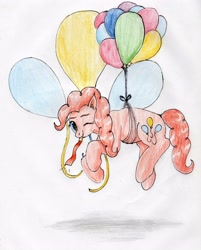 Size: 3127x3888 | Tagged: safe, artist:40kponyguy, derpibooru exclusive, pinkie pie, earth pony, pony, g4, balloon, cute, cutie mark background, ear fluff, female, floating, high res, looking at you, mare, one eye closed, party whistle, simple background, solo, then watch her balloons lift her up to the sky, traditional art, wink