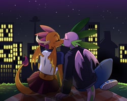 Size: 2026x1609 | Tagged: safe, artist:traupa, smolder, spike, dragon, anthro, g4, clothes, commission, duo, eyes closed, female, kiss on the lips, kissing, male, ship:spolder, shipping, skirt, straight
