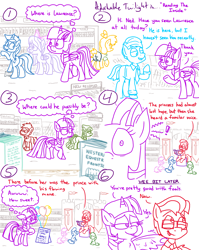 Size: 4779x6013 | Tagged: safe, artist:adorkabletwilightandfriends, flitter, minuette, tree hugger, twilight sparkle, oc, oc:isabelle, oc:lawrence, oc:ned, oc:red, oc:tax pirate, oc:trevor, alicorn, earth pony, pegasus, pony, unicorn, comic:adorkable twilight and friends, g4, adorkable, adorkable twilight, animal crossing, attraction, blurr, book, bow, butt, castle, clothes, comic, cute, dork, dreadlocks, female, filly, flirting, foal, fort, friendship, glasses, isabelle, library, listening, necktie, nudge, plot, ponified, reading, relationship, scooter scout, sitting, skirt, slice of life, stool, twilight sparkle (alicorn), wings