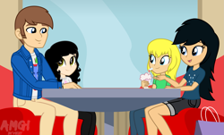 Size: 2457x1481 | Tagged: safe, artist:amgiwolf, oc, oc only, oc:amgi, oc:applewolf, oc:jenny naja, oc:kim nya, equestria girls, g4, clothes, eating, equestria girls-ified, female, indoors, male, misleading thumbnail, pants, sitting, skin colored clothes, smiling