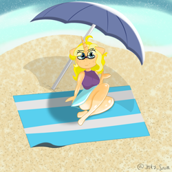 Size: 1080x1080 | Tagged: safe, artist:inky scroll, oc, oc only, oc:songheart, pony, unicorn, anthro, beach, breasts, clothes, female, glasses, looking at you, ocean, sitting, skirt, swimsuit, tank top, towel, umbrella