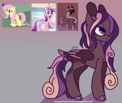 Size: 1980x1668 | Tagged: safe, artist:caramelbolt24, fluttershy, king sombra, oc, oc:bloodrose, alicorn, pegasus, pony, unicorn, g4, abstract background, cloven hooves, ear fluff, female, horn, laughing, magical threesome spawn, male, mare, multiple parents, offspring, parent:fluttershy, parent:king sombra, parent:princess cadance, pegasus oc, raised hoof, screencap reference, signature, stallion, two toned wings, wings