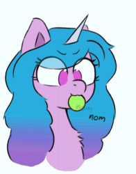 Size: 471x600 | Tagged: safe, artist:endo, artist:szafir87, izzy moonbow, pony, unicorn, g5, animated, ball, blinking, bust, chest fluff, cute, female, gif, izzy's nom, izzy's tennis ball, izzybetes, mare, munching, no pupils, nom, portrait, simple background, solo, tennis ball, that pony sure does love tennis balls, white background