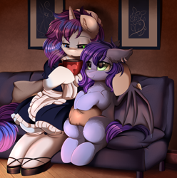 Size: 3294x3326 | Tagged: safe, artist:pridark, oc, oc only, oc:starline moongazer, oc:vesper nightfall, bat pony, pony, unicorn, bat pony oc, clothes, coffee, commission, couch, cup, cute, cutie mark, duo, high res, indoors, maid, sitting, smiling