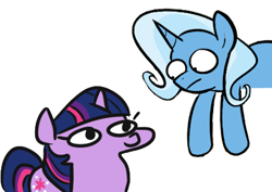 Size: 427x303 | Tagged: safe, artist:egophiliac, artist:jargon scott, edit, trixie, twilight sparkle, pony, unicorn, g4, crossover, duo, female, inconvenient trixie, looking at each other, mare, simple background, squatpony, twiggie, unicorn twilight, white background, woonoggles