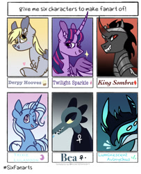 Size: 1124x1381 | Tagged: safe, artist:caramelbolt24, derpy hooves, king sombra, trixie, twilight sparkle, alicorn, pegasus, pony, unicorn, anthro, g4, anthro with ponies, beatrice santello, chest fluff, crossover, curved horn, ear fluff, female, horn, male, mare, night in the woods, one eye closed, roblox, six fanarts, stallion, twilight sparkle (alicorn), wink