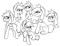 Size: 1410x1095 | Tagged: safe, artist:anticular, applejack, earth pony, pony, g4, applejack's hat, black and white, cowboy hat, grayscale, hat, monochrome, simple background, sitting, sketch, sketch dump, solo, white background