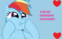 Size: 1183x757 | Tagged: safe, derpibooru exclusive, edit, edited screencap, editor:twilyisbestpone, screencap, rainbow dash, pegasus, pony, g4, adorkable, awesome, cute, dashabetes, dashface, dork, happy, heart, hooves on cheeks, light blue background, positive ponies, simple background, smiling, so awesome, solo, squishy cheeks, talking to viewer