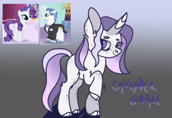 Size: 2388x1641 | Tagged: safe, artist:caramelbolt24, edit, screencap, fancypants, rarity, oc, oc:lavender grace, pony, unicorn, g4, abstract background, clothes, cloven hooves, ear fluff, female, horn, male, mare, offspring, parent:fancypants, parent:rarity, parents:raripants, raised hoof, screencap reference, smiling, stallion, unicorn oc, unshorn fetlocks