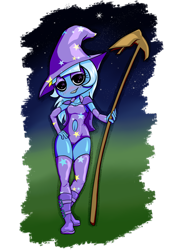 Size: 2000x2891 | Tagged: safe, alternate version, artist:tunrae, derpibooru exclusive, trixie, human, g4, alternate version in the description, boots, cape, clothes, female, hat, high res, humanized, leotard, shoes, simple background, socks, solo, staff, stockings, thigh highs, transparent background, witch, witch hat