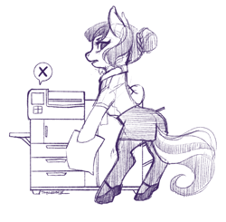 Size: 1808x1774 | Tagged: safe, artist:taytinabelle, oc, oc only, unnamed oc, earth pony, pony, semi-anthro, annoyed, arm hooves, black and white, businessmare, clothes, female, grayscale, hair bun, hoof shoes, looking at you, looking back, looking back at you, looking over shoulder, mare, monochrome, office, office lady, paper, printer, shoes, simple background, sketch, skirt, solo, standing, stockings, thigh highs, white background